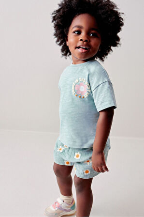 Next Baby % 100 Pamuklu Blue Flovers Tshirt Müslin Şort Alt Üst Takım
