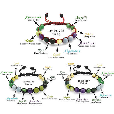 Makrome Örgülü Küre Kesim Çoklu Doğaltaş Kombinli Kadın-Erkek-Genç Şifa Bilekliği(3'lü Set)