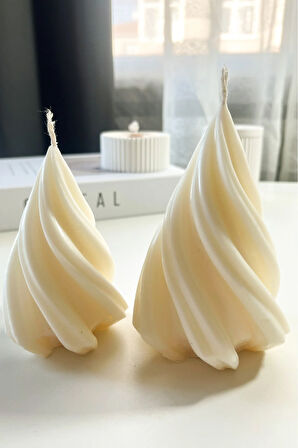 2'li Set Beyaz Renk Dekoratif Kıvrımlı %100 Soya Mumu Amber Kokulu Ev Dekorasyonu