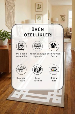 Yıkanabilir Kaymaz Klasik Vizon Beyaz Dijital Baskılı Yolluk Halı Tüy Tutmaz Beyaz Vizon