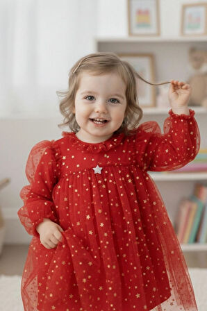 Kız Çocuk Yıldız Desenli Tül Elbise