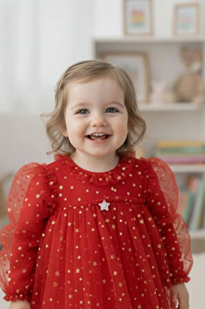 Kız Çocuk Yıldız Desenli Tül Elbise