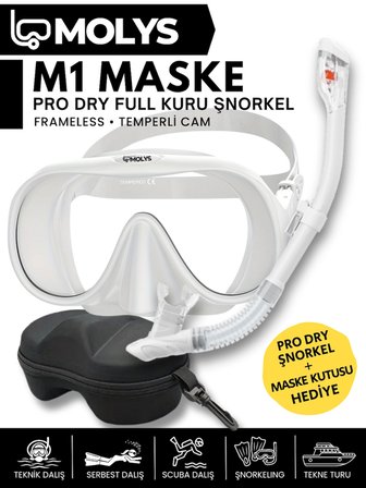 MOLYS M1 PROFESYONEL DALIŞ MASKESİ + MASKE KUTUSU + PRO FULL DRY TAM KURU ŞNORKEL + FREE DOM ANTI FOG BUĞU ÖNLEYİCİ FİLM