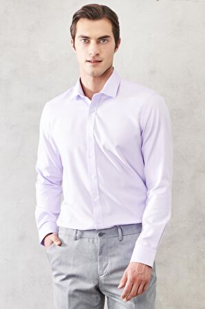 Erkek Lila Slim Fit Dar Kesim %100 Pamuk Armürlü Klasik Non-ıron Gömlek