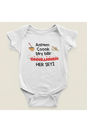 Annem Çok Şey Bilir, Anneannem Her şeyi ! Yazılı Pamuklu Yumuşak Unisex Çıtçıtlı Body Zıbın