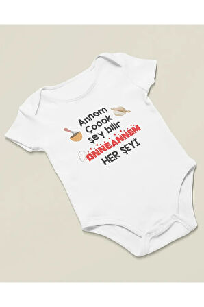 Annem Çok Şey Bilir, Anneannem Her şeyi ! Yazılı Pamuklu Yumuşak Unisex Çıtçıtlı Body Zıbın