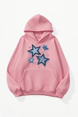 Unisex Yumuşak Dokulu Denim Yıldızlar Baskılı Tasarım Oversize 3 İplik Hoodie Sweatshirt