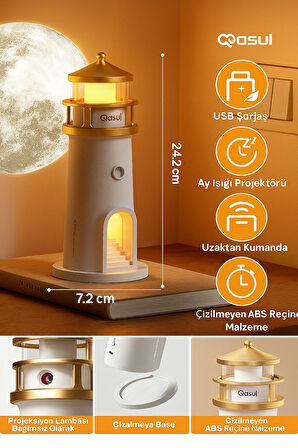 Sevimli Ay Projeksiyonlu Deniz Feneri Lambası Bluetooth Hoparlörlü 3 Kademeli Kısılabilir Kablosuz Masa Lambası