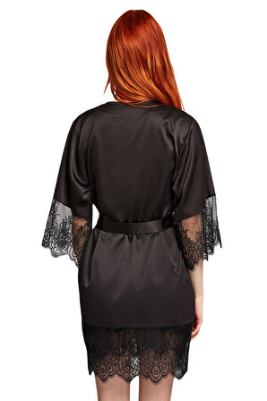 Penye Mood Kadın Siyah Dantelli Sabahlık Takımı 2006