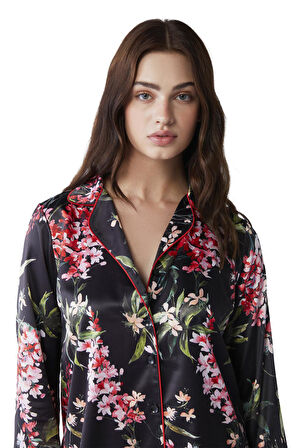 Penye Mood Kadın Çiçek Desenli Saten Pijama Takımı 2040
