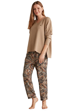 Penye Mood Kadın Silky Feel Bej Pijama Takımı 9517