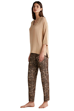 Penye Mood Kadın Yumuşak Dokulu Bej Pijama Takımı 9525