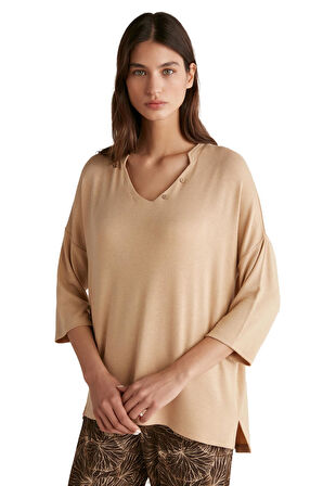 Penye Mood Kadın Yumuşak Dokulu Bej Pijama Takımı 9525