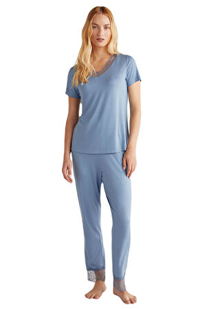 Penye Mood Kadın Mavi Comfortlux Pijama Takım 9456