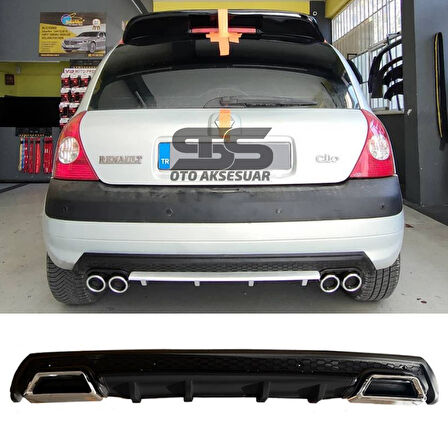 Renault Clio 2 HB Difüzör Arka Tampon Eki 2 Egzoz Çıkışlı Siyah Lüx Tip