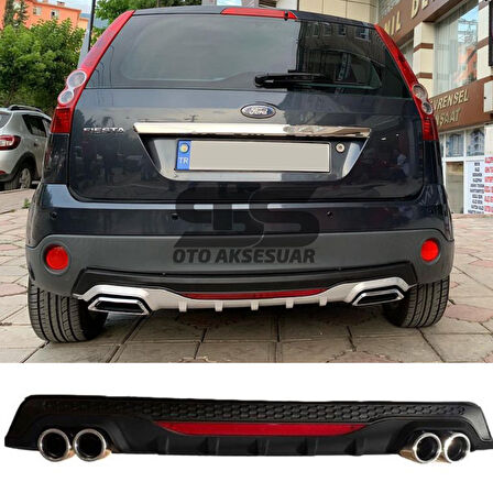 Ford Fiesta 2003-2008 Difüzör Arka Tampon Eki 4 Egzoz Çıkışlı Siyah Reflektörlü