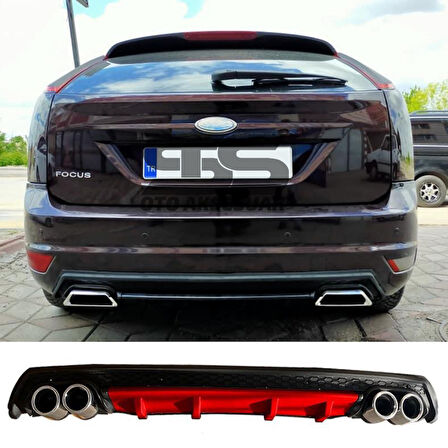 Ford Focus 2 HB Difüzör Arka Tampon Eki 4 Egzoz Çıkışlı Kırmızı Lüx Tip