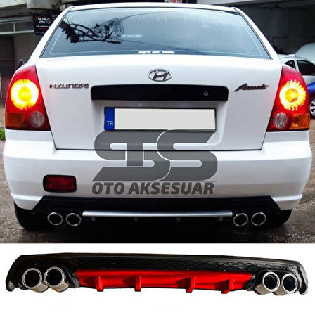 Hyundai Accent Admire Difüzör Arka Tampon Eki 4 Egzoz Çıkışlı Kırmızı Lüx Tip