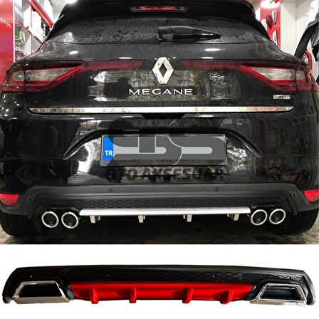 Renault Megane 4 Difüzör Arka Tampon Eki 2 Egzoz Çıkışlı Kırmızı Lüx Tip