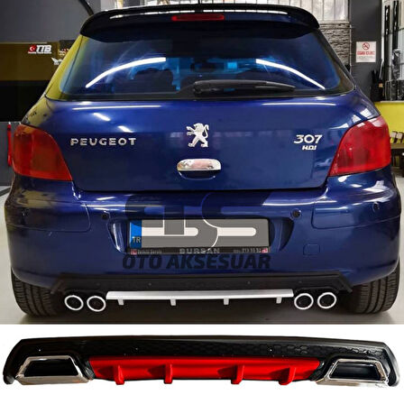 Peugeot 307 Difüzör Arka Tampon Eki 2 Egzoz Çıkışlı Kırmızı Lüx Tip