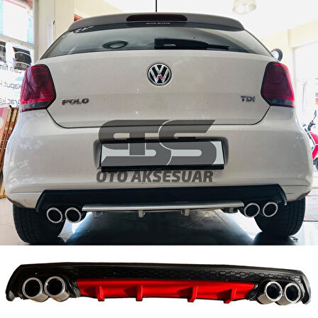 Volkswagen Polo MK5 Difüzör Arka Tampon Eki 4 Egzoz Çıkışlı Kırmızı Lüx Tip