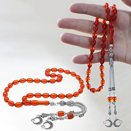 Kararmaz Metal Ayyıldız Püsküllü Arpa Kesim Amber Kırmızı Ateş Kehribar Tesbih