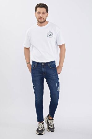 Erkek Lacivert Bilek Boy Yırtık Skinny Fit Jean Pantolon
