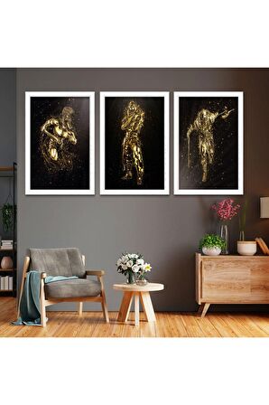 Gold Aynalı Pleksi Çerçeveli Hayvanlar Alemi Üçlü Mdf Tablo Seti