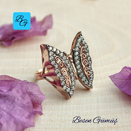 Rose ve Siyah Rodajlı Kelebek Model Taşlı Gümüş Kadın Yüzük - 12