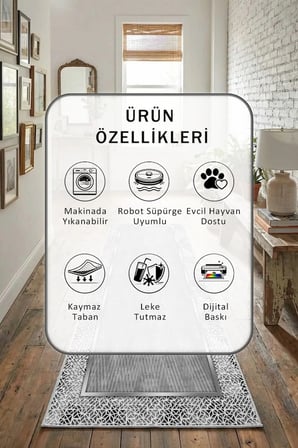 Yıkanabilir Kaymaz Gri Dijital Baskılı Yolluk Halı Tüy Tutmaz Gri