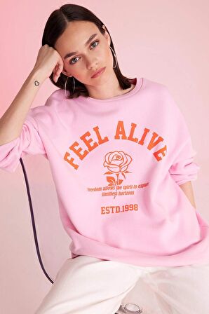 DeFacto Oversize Geniş Kalıp Bisiklet Yaka Baskılı Kalın Sweatshirt D4940AX24AUPN205