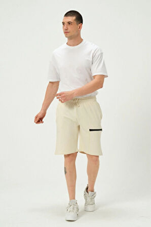 Erkek Fermuar Detaylı Şort Ekru