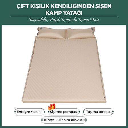 RELAXUS Çift Kişilik Kendiliğinden Şişen Kamp Yatağı – Entegre Yastıklı, Pompa Hediyeli | Taşınabilir