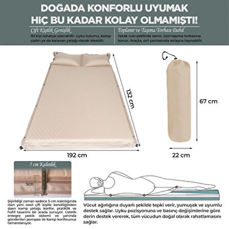 RELAXUS Çift Kişilik Kendiliğinden Şişen Kamp Yatağı – Entegre Yastıklı, Pompa Hediyeli | Taşınabilir