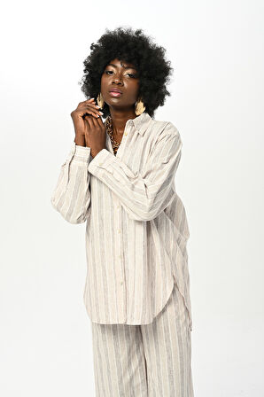 KADIN ÇİZGİLİ DESENLİ GÖMLEK