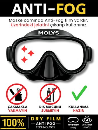 MOLYS F1 PRO DALIŞ MASKESİ + MASKE KORUMA KUTUSU + ANTI FOG (BUĞU ÖNLEYİCİ FİLM) KÜÇÜK YÜZ YAPISINA SAHİP KULLANICILAR İÇİN İDEAL