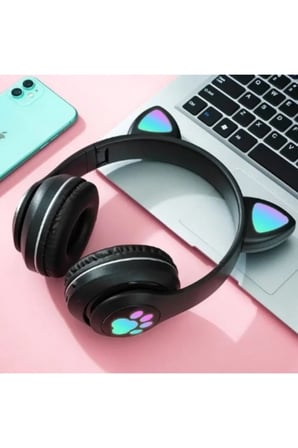 Kablosuz Bluetooth Kulak Üstü Renkli Led Işıklı Kedi Kulaklık Çocuk Karne/doğum Günü Hediyesi-siyah