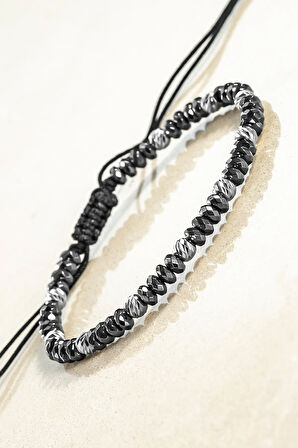 Siyah Hematit Taşlı Ayarlanabilir İpli 925 Ayar Gümüş Detaylı Erkek Bileklik