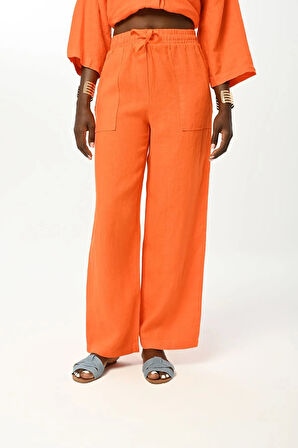 KADIN BELİ LASTİKLİ BOL PAÇA DÜZ RENK KETEN PANTOLON