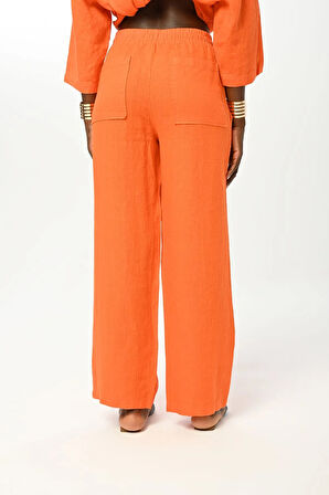 KADIN BELİ LASTİKLİ BOL PAÇA DÜZ RENK KETEN PANTOLON