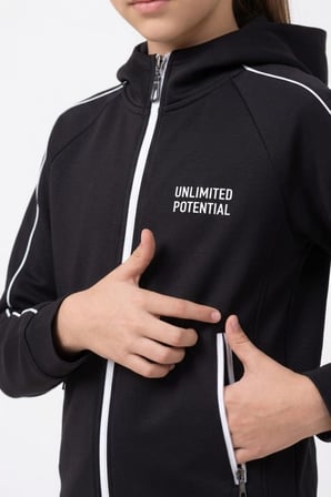Kız Çocuk Unlimited Şeritli Kapüşonlu Düz Paça Reglan Kol Dalgıç Kumaş Eşofman Takımı ESF7013