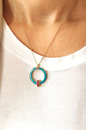 Turkuaz Mineli Ruby Taşlı Altın Kolye