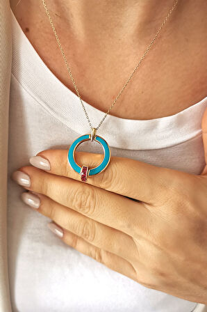 Turkuaz Mineli Ruby Taşlı Altın Kolye