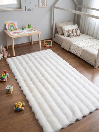 Carpet Dekor Bubble Yumuşak Suni Tavşan Tüyü Halı Beyaz
