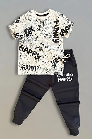 Happy Luck Yazı Desenli Erkek Çocuk Eşofman Takım