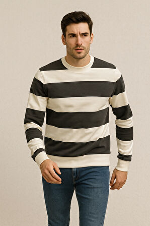 Çizgili Bisiklet Yaka Sweatshirt Yumuşak Pamuklu Kumaş Rahat Casual Kombinler İçin Modern Stil