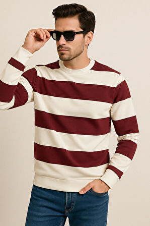 Çizgili Bisiklet Yaka Sweatshirt Yumuşak Pamuklu Kumaş Rahat Casual Kombinler İçin Modern Stil