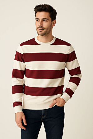 Çizgili Bisiklet Yaka Sweatshirt Yumuşak Pamuklu Kumaş Rahat Casual Kombinler İçin Modern Stil