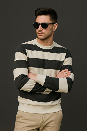 Çizgili Bisiklet Yaka Sweatshirt Yumuşak Pamuklu Kumaş Rahat Casual Kombinler İçin Modern Stil