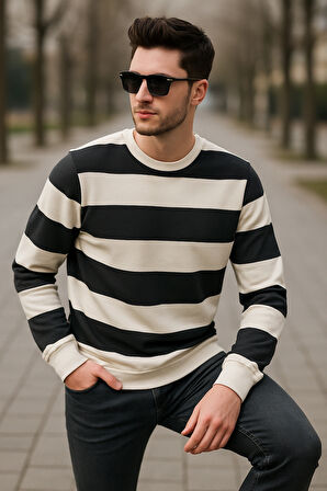 Çizgili Bisiklet Yaka Sweatshirt Yumuşak Pamuklu Kumaş Rahat Casual Kombinler İçin Modern Stil